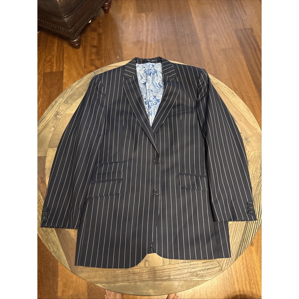 Magee Slaney Navy & White Thick Striped Wool Blazer Jacket Sport Coat Mens 40R